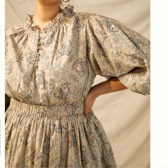 Let Me Be Anthropologie Celeste Fish Print Peasant Puff Sleeves Mini Dress 14 - Picture 14 of 14